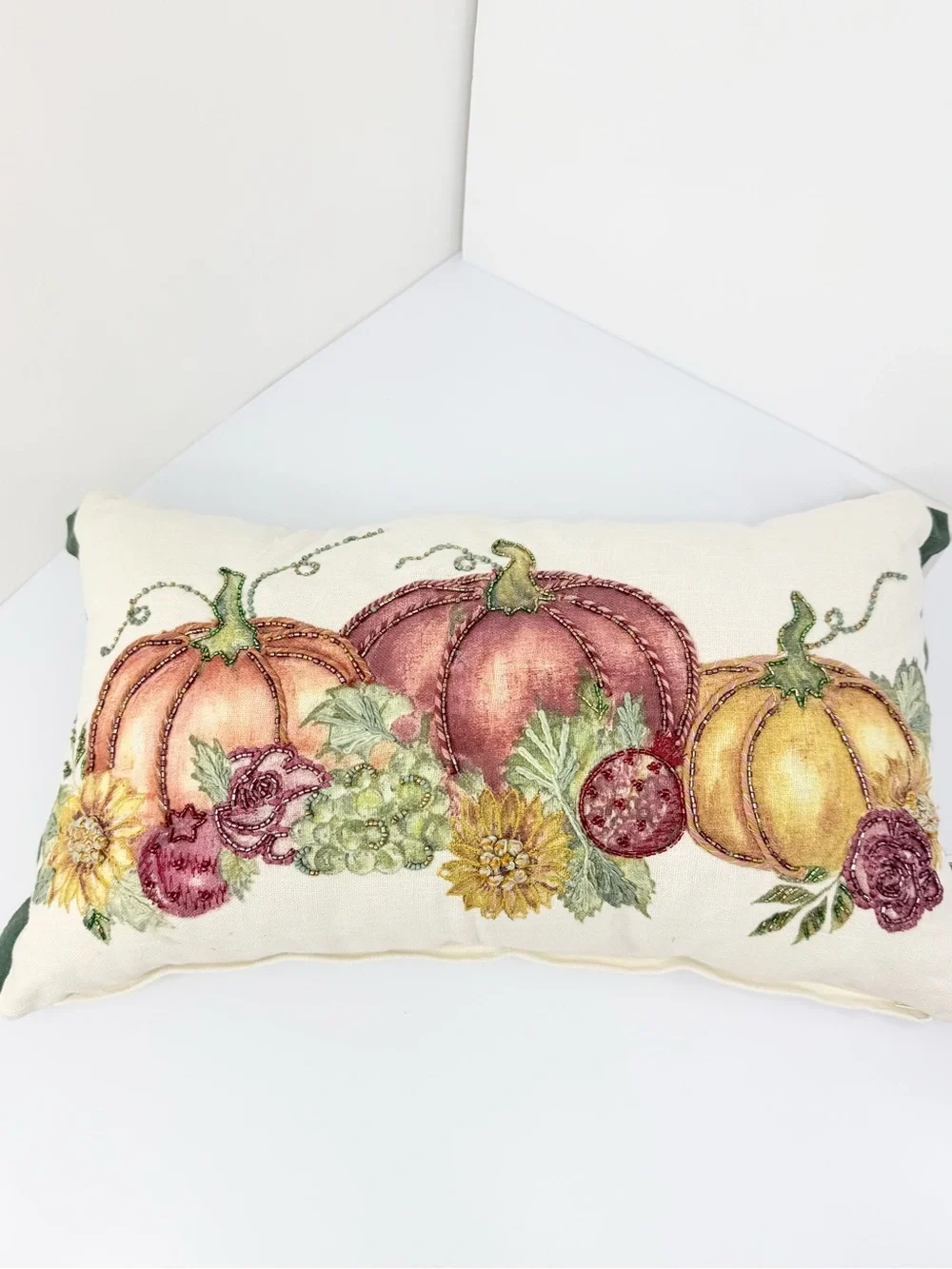 Gardeners Eden Cream Green Pumpkin Fall Print Soft Woven Beaded Accent Pillow